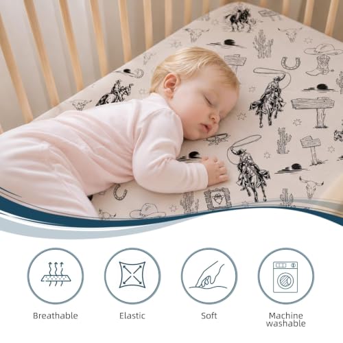 Image of 4 Pack Vintage Western Crib Sheets Set - Fits Standard 52 inchx28 inchx8 inch Crib & Toddler Mattress, Soft Breathable Polyester Baby Nursery Bedding, Retro Cowboy Horse Cactus Print Fitted Sheets for Boys