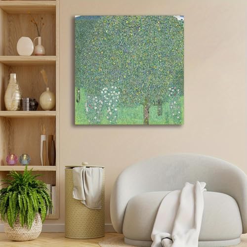 Toile encadrée Klimt 25x25cm avec cadre doré et illustrations de plantes vertes