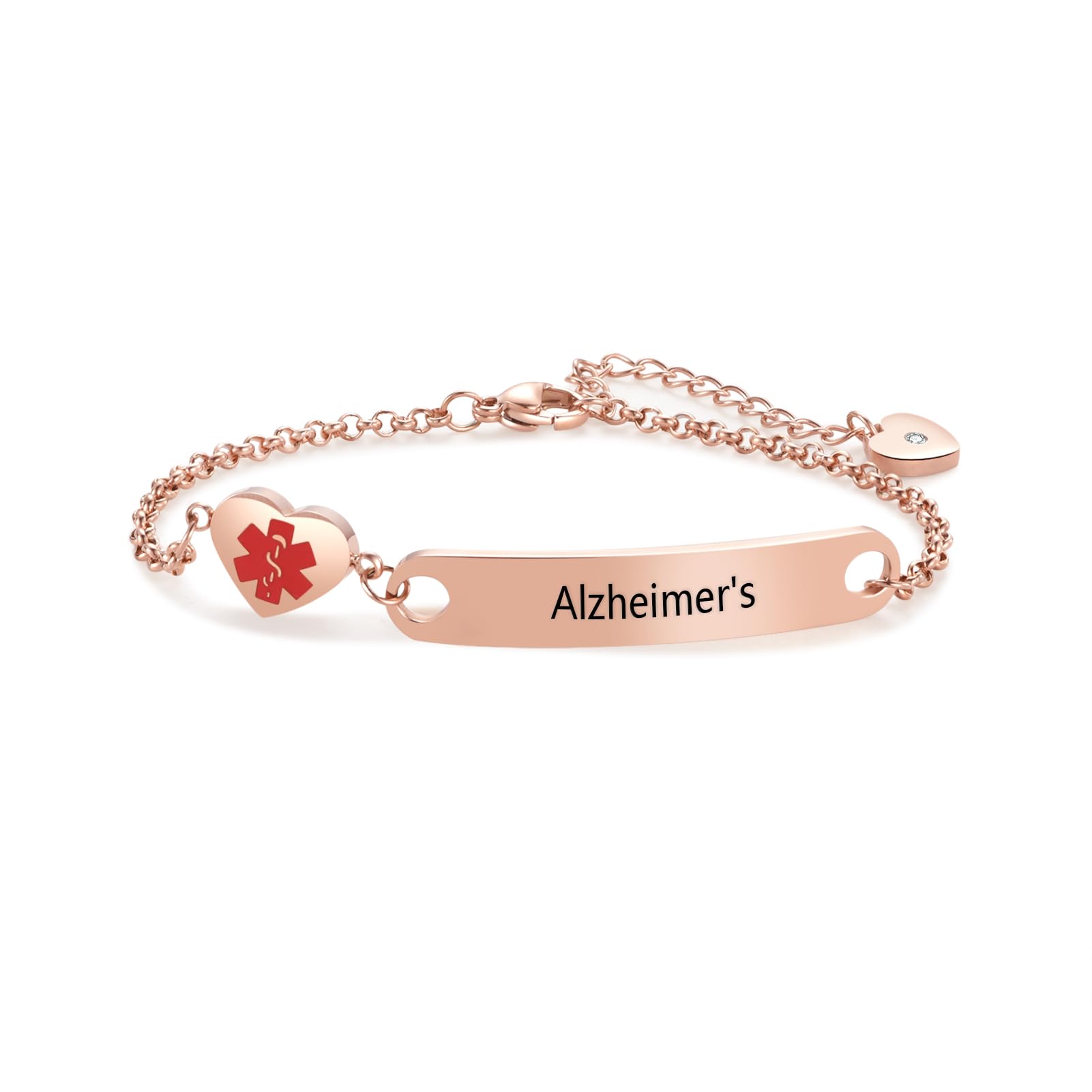 Rose Gold Medical Alert ID Bracelet for Women Men Adults Emergency Medical Jewelry Heart Stainless Steel Adjustable Chain Bracelet