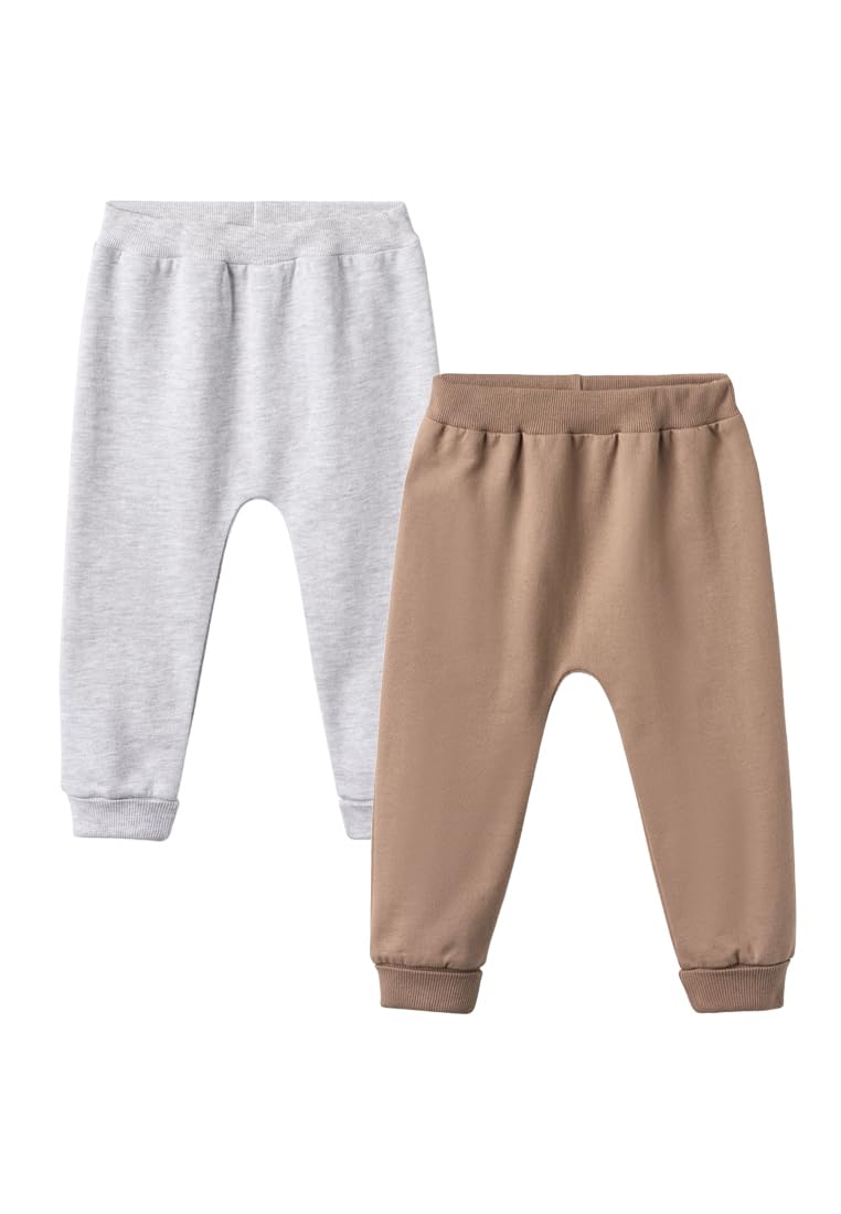 Tiny One Bio Baumwolle Pumphose Baby I 2er-Pack – braun & grau | Weiche & bequeme Baby Hose mit elastischem Bund & Rippbündchen I Jogginghose Kinder für Spiel, Ruhe & Bewegung