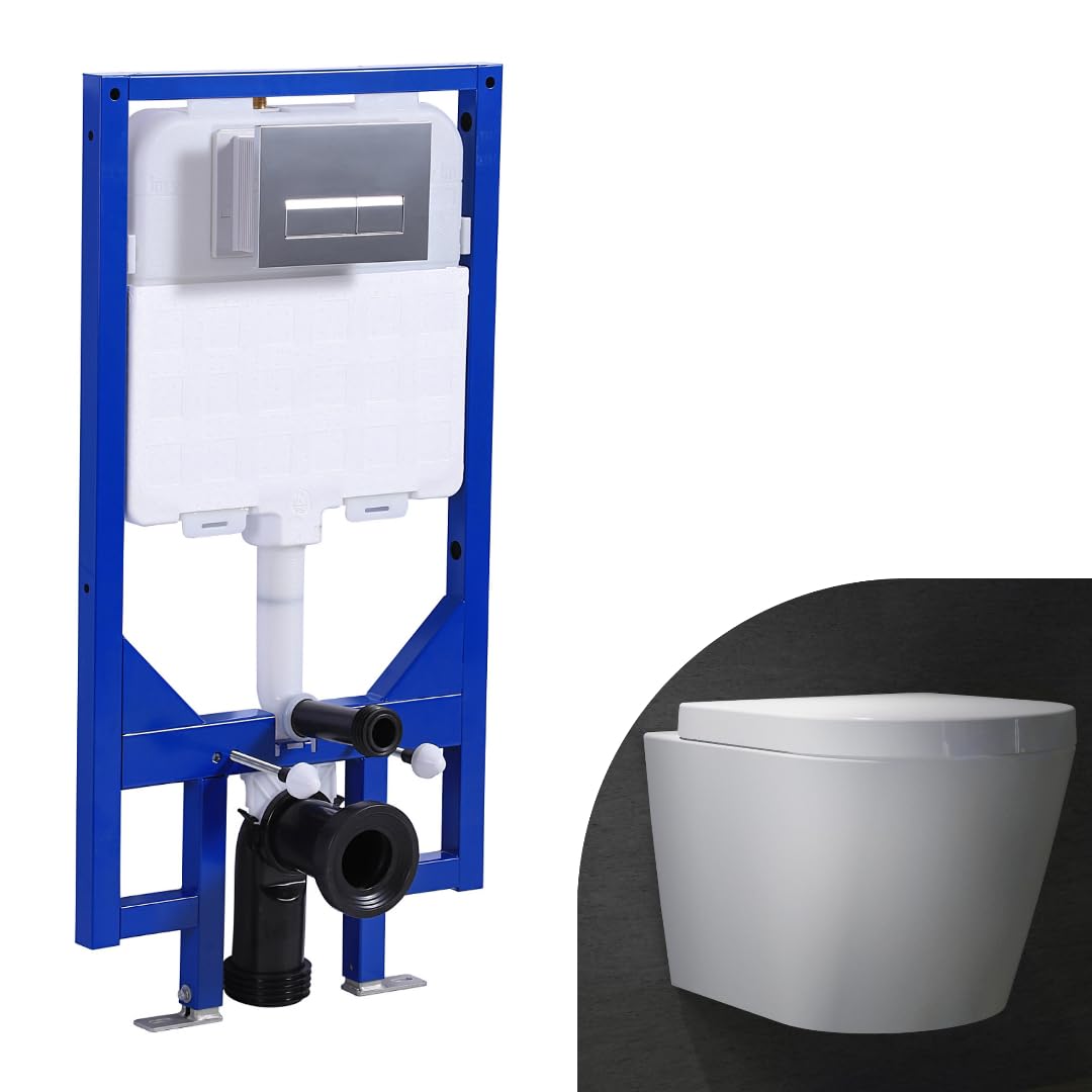 Biubiubath White Bathroom Round Rimless Wall Hung Toilet With 1.14M Concealed Cistern Frame Set & Rectangular Sliver Dual Flush Plate