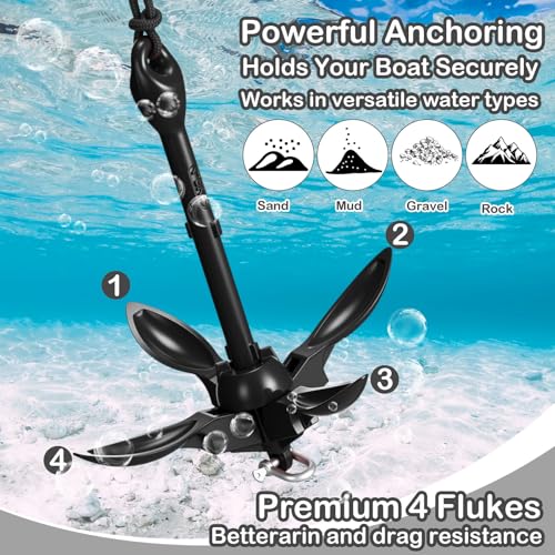 Image of MorningRo 1 Pack 1.5 /3.5 lb Marine Kayak Anchor Kit with 40ft Rope and Buoy Folding Grapnel Boat Anchor Kit Kayak Fishing Accessories for Small Boats, Canoe, SUP Paddle Boards