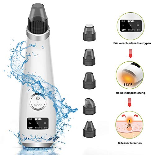 Preisvergleich Produktbild Mitesserentferner Mitesser Entferner mit Heiße Kompresse und 5 Austauschbare Schönheit Köpfe, Mitesser Sauger Porenreiniger mit 3 Modi für verschiedene Hauttypen