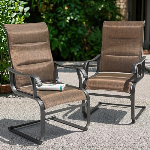 Image of NUU GARDEN Patio Dining Chairs Set of 2, All Weather Outdoor Padded Textilene Patio Chairs, Breathable Spring Motion Textile High Back Outdoor Dining Chairs for Backyard, Lawn, Deck, Brown