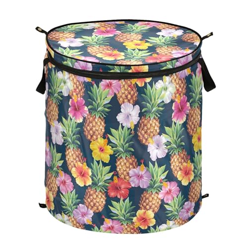 Hawaiian Pineapples and Hibiscus Flowers Foldable Basket for Laundry, Laundry Hamper Lightweight, Travel Laundry Bag Pop up