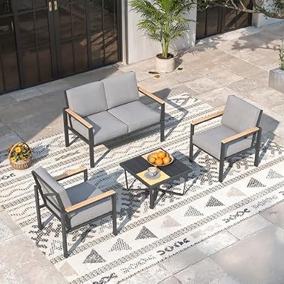 MAISON BACKYARDS 4-Piece Patio Furniture Set with Coffee Table & Removable Washable Cushions, All-Weather Metal Frame and Wood-Like Armrests for Porch, Garden, Balcony,Grey