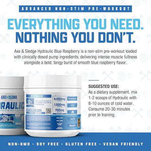 Image of Axe & Sledge Hydraulic Stim-Free Pre-Workout Powder for Men & Women, Performance, Stamina, Focus, Pumps, L-Citrulline, Beta Alanine, Creatine, Caffeine-Free, Blue Raspberry v3