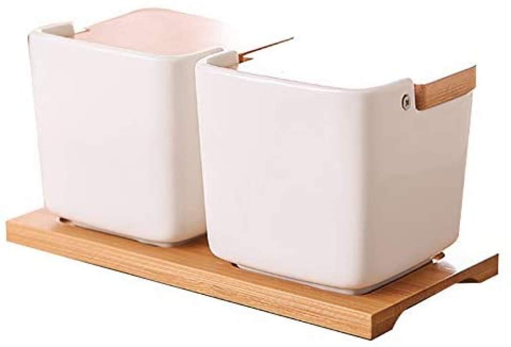 Zuccheriera con Coperchi e Cucchiai, Zuccheriera in Ceramica con Base in Legno, Portaspezie da Cucina-2-piece suit