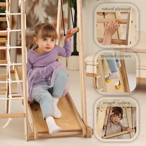 Image of Goodevas Improves 9-in-1 Indoor Climbing Frame for Kids, Montessori Climbing Frame with Slide, Swing, Climbing Wall, Climbing Triangle - Playground for Nursery