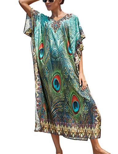 Bsubseach saída de praia feminina casual estilo caftan vestido de manga curta, Peacock Feather, One