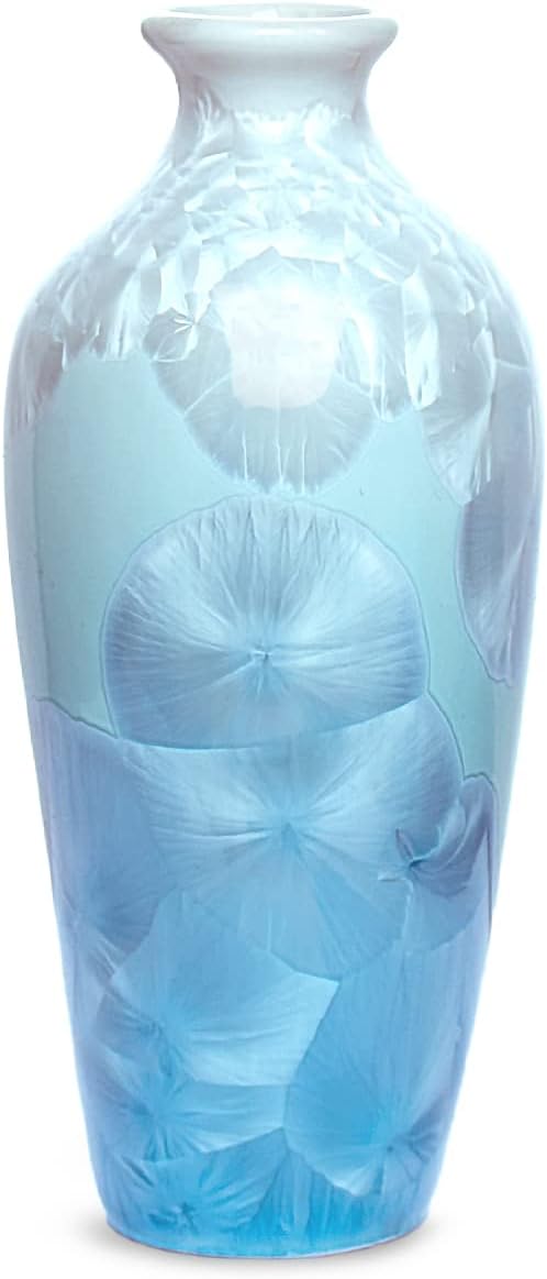 Dahlia Crystalline Porcelain Vase, Handmade Chinese Flower Bud Vase Light Blue, Rouleau Shape 6 Inches