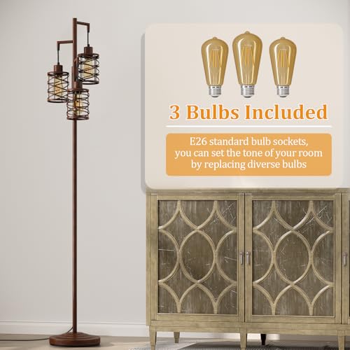 Image of Oneach 70 inch Industrial Floor Lamp, Stepless Dimmable Standing Lamp with 3 Bulbs, Farmhouse Corner Standing Tree Lamp for Living Room, Tall Lamps for Bedroom, Office, Study Room, Dining Room