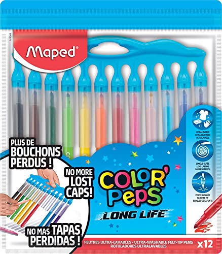 Maped - Feutres Long Life Innovation - 12 Feutres de Coloriage Ultra-lavables et Longue Durée - Pointe Moyenne Bloquée - La fin des bouchons perdus