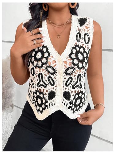 Verdusa Women's Plus Size Floral Crochet Vest Tops Button Front Sleeveless Sweater Knit Top3