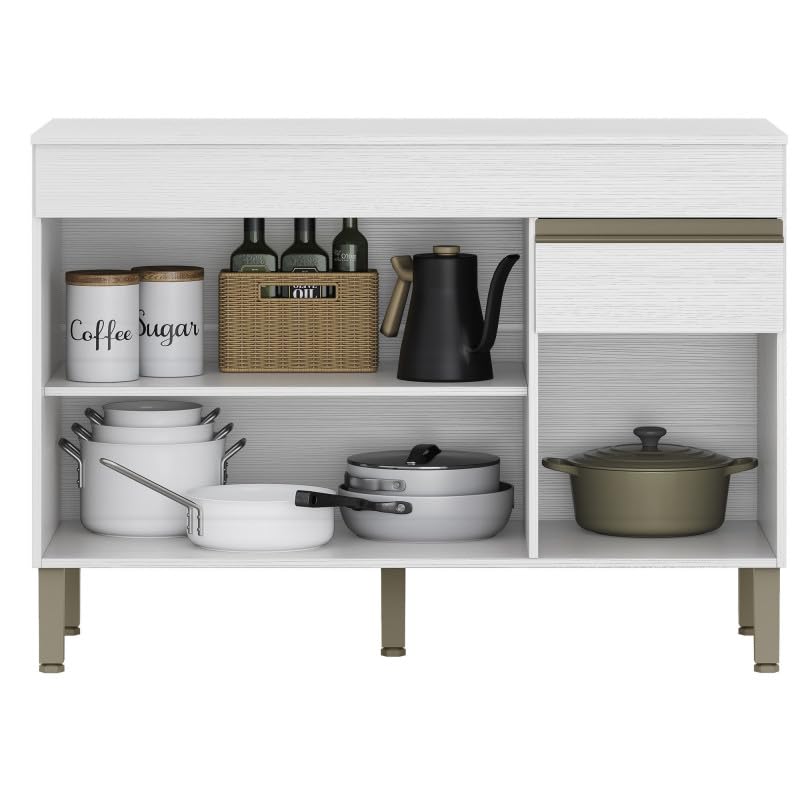 ACTUAL DIFFUSION Buffet Bas 3 Portes 1 Tiroir Blanc 5 Niches L 120 H 86 P 53.3 cm Modèle Line pour Cuisine et Séjour