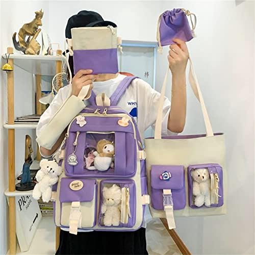 Kawaii Backpack For Girls – Cute Purple Nylon School Bag With Plush & Pins, Medium Size 29x9x30cm