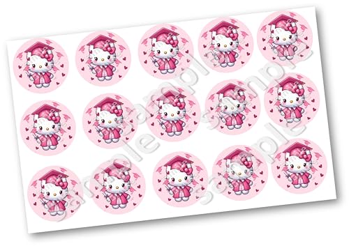 Hello Graduation Kitty cat Edible images for Oreo cookies chocolate covered, edible image cupcake topper printed on edible paper sugar icing sheet, for cookie decorating, 15 circles 2