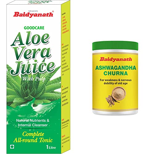 Image of Baidyanath Aloe Vera Juice with Pulp - An All-Round Tonic for Skin and Hair - 1L and Baidyanath Ashwagandha Churna - Helps Boost Energy - 100g (Pack of 2)
