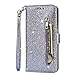 Produktbild Homikon PU Leder Hülle Schön Bling Glänzend Glitzer Schutzhülle Brieftasche Ledertasche Bookstyle Lanyard Zipper-Funktion Handyhülle Lederhülle Etui Kompatibel mit Huawei P40 Lite - Silber