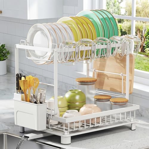 Nfnoyp Multifunctional Dish Drying Rack - Rustproof, 2-Tier Dish Racks with Drainboard, Space-Saving Design, Utensil & Cup Holder for Kitchen Counter, White