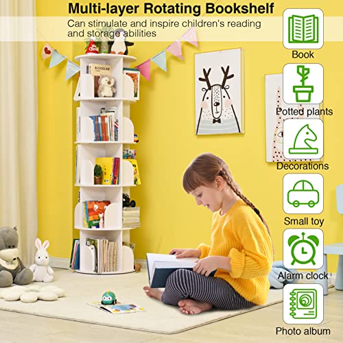 Leatovop Rotating Bookshelf 360 Display 5 Tier Floor Revolving Bookcase Storage Rack For Kids&Adults Multi-Functional Spinning Bookshelf, 18" W × 74.6" H, White #TOP3