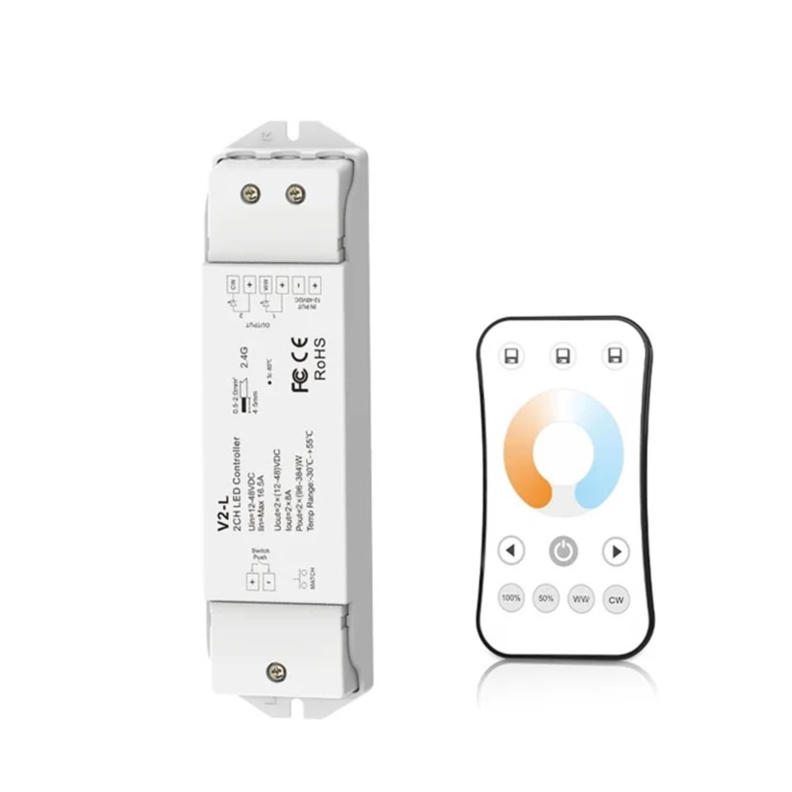 Controlador LED V2-L CCT de 12-48V con mando R7-1 para tiras de luz dual blanca