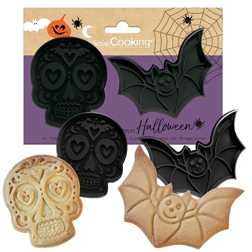 ScrapCooking - 2 Découpoirs Éjecteurs Halloween - Calavera & Chauve Souris - Découpoirs à Biscuits en 3D - Embosseurs Pâtisserie - Tête de Mort Mexicaine...