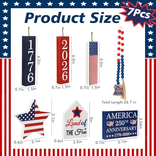 4th of July Tiered Tray Decor Set Patriotic Decorations American 250th Anniversary Table Centerpiece USA Flag Star Red White and Blue Wooden Block Independence Memorial Day Indoor Home Party, 7Pcs