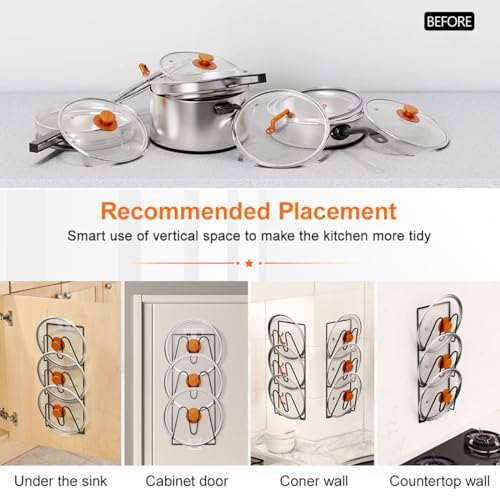 Pot Lid Holders Wall Mounted Pot Lid Shelf Heavy-Duty Pot Lid Stand 3-Layer Space Saving Pot Lid Rack Multipurpose Lid Storage Organizer for Pot Lids Pans Cutting Boards Kitchen Cabinet (Black, 4pcs) by YMKWZ - Image 4