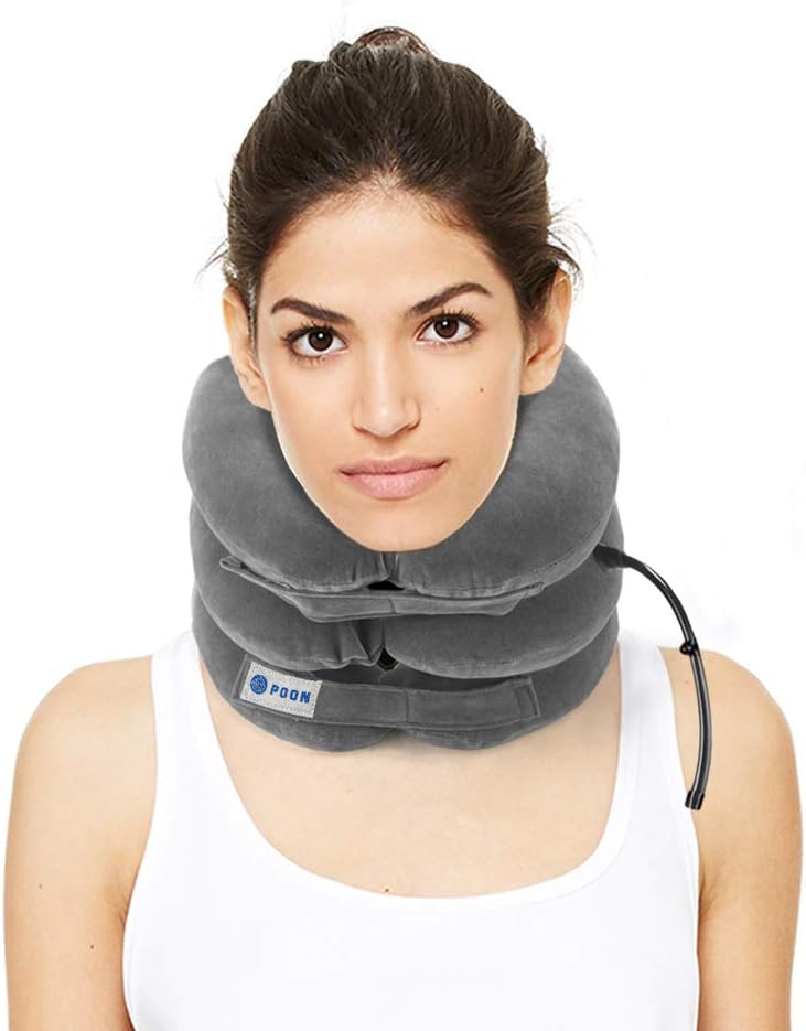 Cervical Neck Traction Device & Collar Brace for Pain Relief by POON, Adjustable Air Physical Therapy Posture Corrector for Spine Alignment, Inflatable Support Stretcher Pillow at Home/Office (Gray)