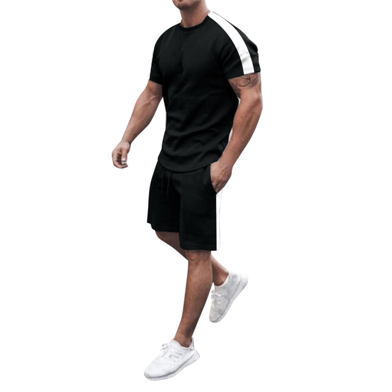 QWUVEDS Hombres Verano Primavera y Verano a Rayas Cuadrado Chándal 2 Piezas Trajes de Manga Corta Camisetas y Pantalones Cortos Conjuntos de Jogger Traje Deportivo Sudaderas Ropa Deportiva Bolsa de Doctor