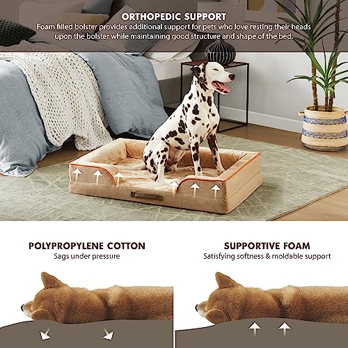 Codi Large Memory Foam Layer Dog Bed, Washable Orthopedic Dogs Beds Couch with Removable Zipper Cover, Waterproof Pet Sofa with U-Shape Bolster, Khaki, 91x68x(7.5+8.9) cm - Image 5