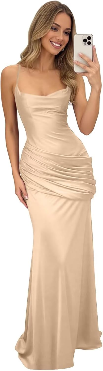 Mermaid Prom Dresses for Women Satin Bridesmaid Dress Long Pleated Evening Gown Formal