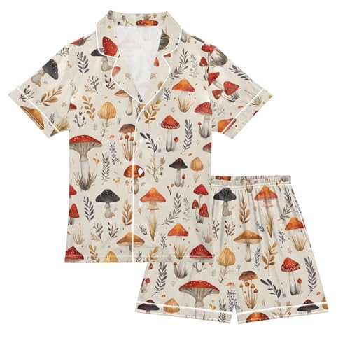 Mushroom Pattern Pajamas Sets Short Sleeve Silk Stain Pjs Button Down Sleepwear for 5-14Y