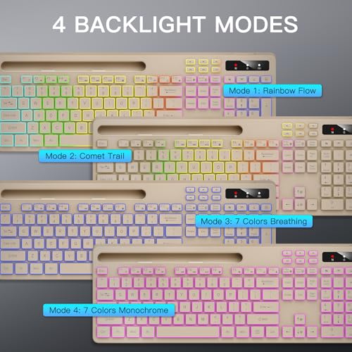 Image of Soueto Wireless Keyboard with 7-Color RGB Backlit, Full-Size Computer Keyboard with Phone Tablet Holder, 2.4G Rechargeable Gaming Keyboard with Light Up Keys, Compatible with Mac, Windows (Latte)