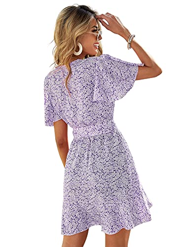 Shein Women's Floral Tie Front Ruffle Mini Dress V Neck Short Sleeve A Line Flare Dresses Lilac Purple Small #TOP1