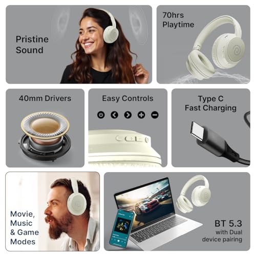 pTron Studio Evo 70hrs Playtime Wireless Over Ear Headphones with HD Mic, Low-Latency Game/Movie/Music Modes, Punchy Bass, BT5.3, Dual Device Pairing, Voice Assistant & Type-C Fast Charging (Beige) - Image 3