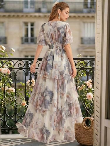 Image of TOLEEN Summer Casual Dresses for Women 2024 Spring Fashion Boho V Neck Long Sleeve Ruffle Floral Print Elegant Maxi Dress