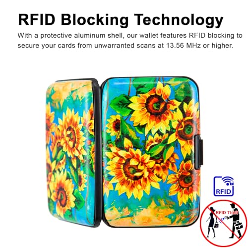 Image of Credit Card Holder, Metal Card Wallet RFID Blocking Mini Slim Aluminum Business Hard Card Case for Women Men (Sunflowers)