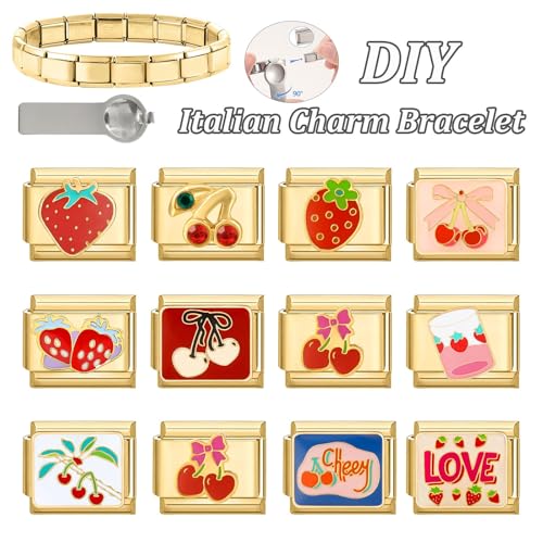 papasgix Custom Italian Charm Bracelet Charms Gold Set 10 Personalized Charm Brascelets 9mm Assorted Italian Charms Bracelet Links Handmade DIY Jewelry Cherry Strawberry Diamond2