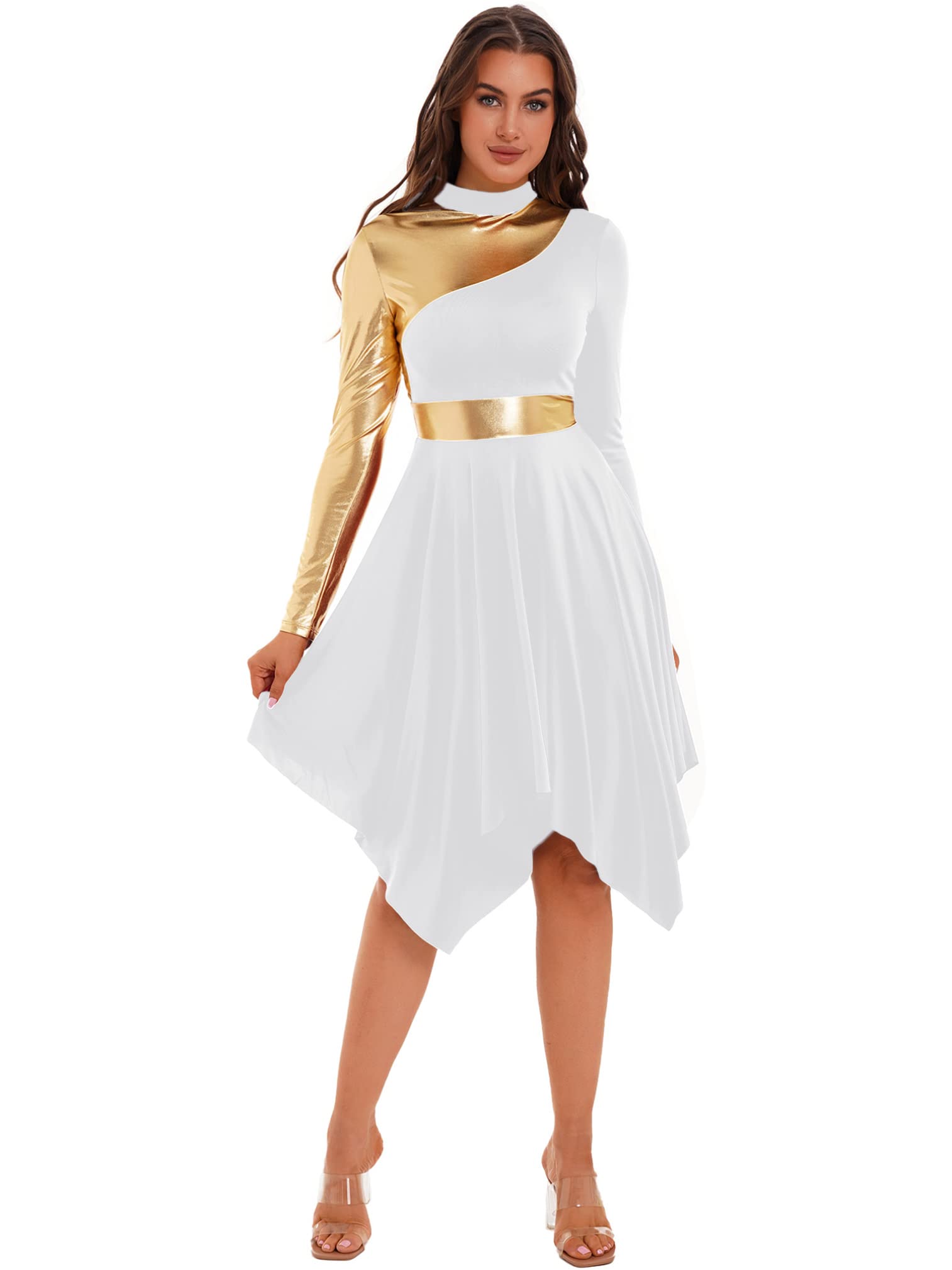 ranrann Women's Asymmetrical Praise Dance Costume Long Sleeve Color Block Worship Lyrical Dance Dress