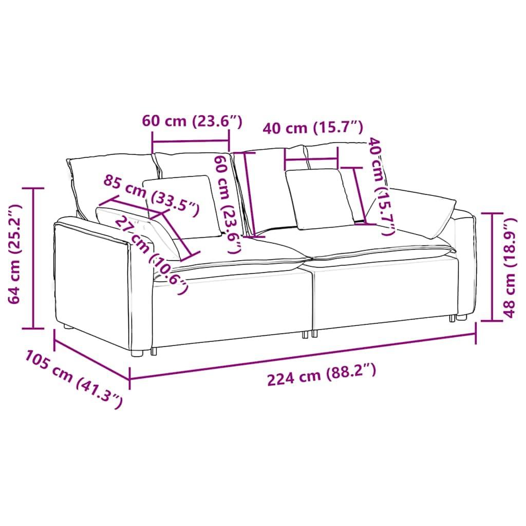 Sofá modular con cojín, tela de terciopelo gris claro, marco de metal, 224 x 105 x 64 cm, elemento acolchado de 2 piezas con reposabrazos para salón, salón, cine en casa, confort