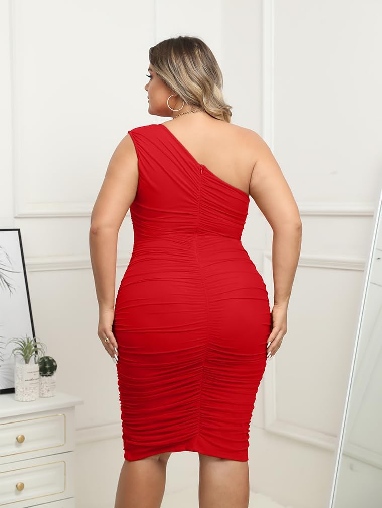LAGSHIAN Womens Plus Size Dresses Sexy Bodycon One Shoulder Sleeveless Ruched Midi Party Dress - Image 3