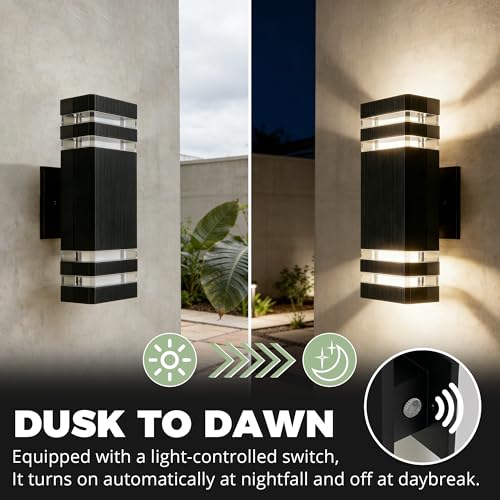 Image of JYV Dusk to Dawn Outdoor Wall Lights,Up and Down Square Porch Lights,Black | Aluminum Exterior Lighting Fixtures Wall Mount with 2x7W 3000K Bulbs, Waterproof Outdoor Lights for House Porch Patio Garage