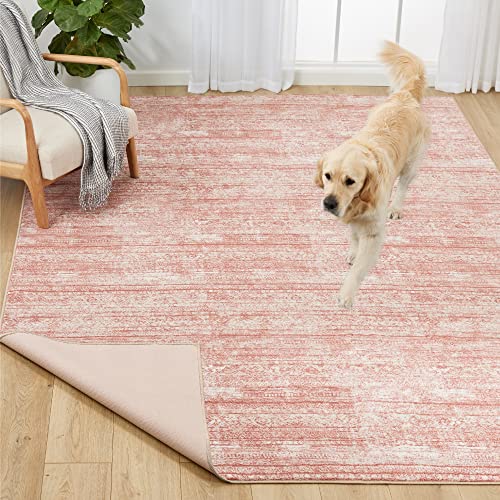 Image of GORILLA GRIP Abstract Area Rug, Slip-Resistant, Durable Rubber Backing, Soft Accent Rugs, Low Profile, Fade and Shed Resistant, Vintage Design, Carpets for Living Room, 4.3' x 5.6', Sunset Pink Ivory