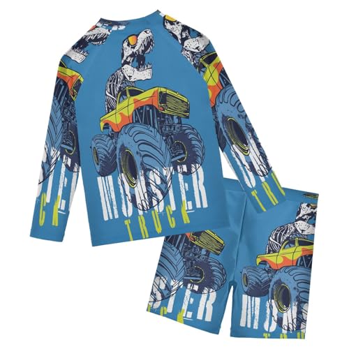 4T Swimsuit Boys Rash Guard Swim Set Cool Dinosaur Monster Truck 2 Piece Long Sleeve Boys Bathing Suit Blue Dino Car Swimwear Sunsuit Swim Trunk for Kids Beach2