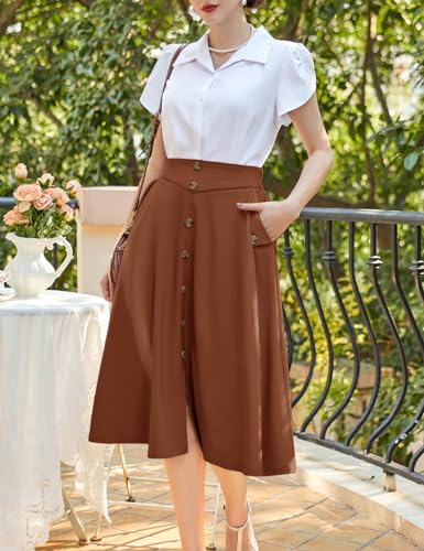 Belle Poque A Line Skirts For Women Vintage Midi Skirt Stretchy High Waisted Skirts With Pockets Elegant Brown M thumb #1
