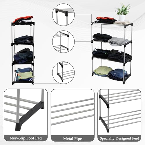 Image of Multipurpose Collapsible Fabric Wardrobe Organizer For Clothes | Stylish Foldable Storage Rack (Material - Plastic & Pipes (4 Shelve,) Rack, 52.3 x 17 x 6 Cm