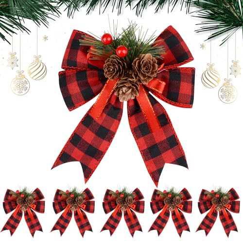 6 pcs Christmas Red Plaid Rows Large Red Bows Polyester Red Ribbons with Pine Cone Buffalo Plaid Red Bows for Christmas Tree Decorations Christmas Home Decor