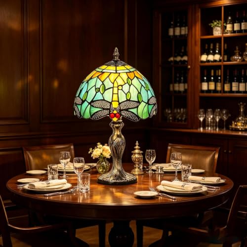 Image of 8'' Stained Glass Table Lamp, Vintage Desk Bedside Night Light